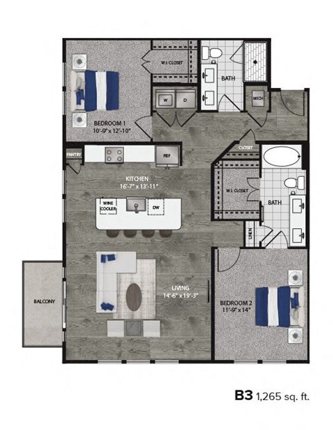 Floor plan for 2 beds, 2 baths, 1265 sqft